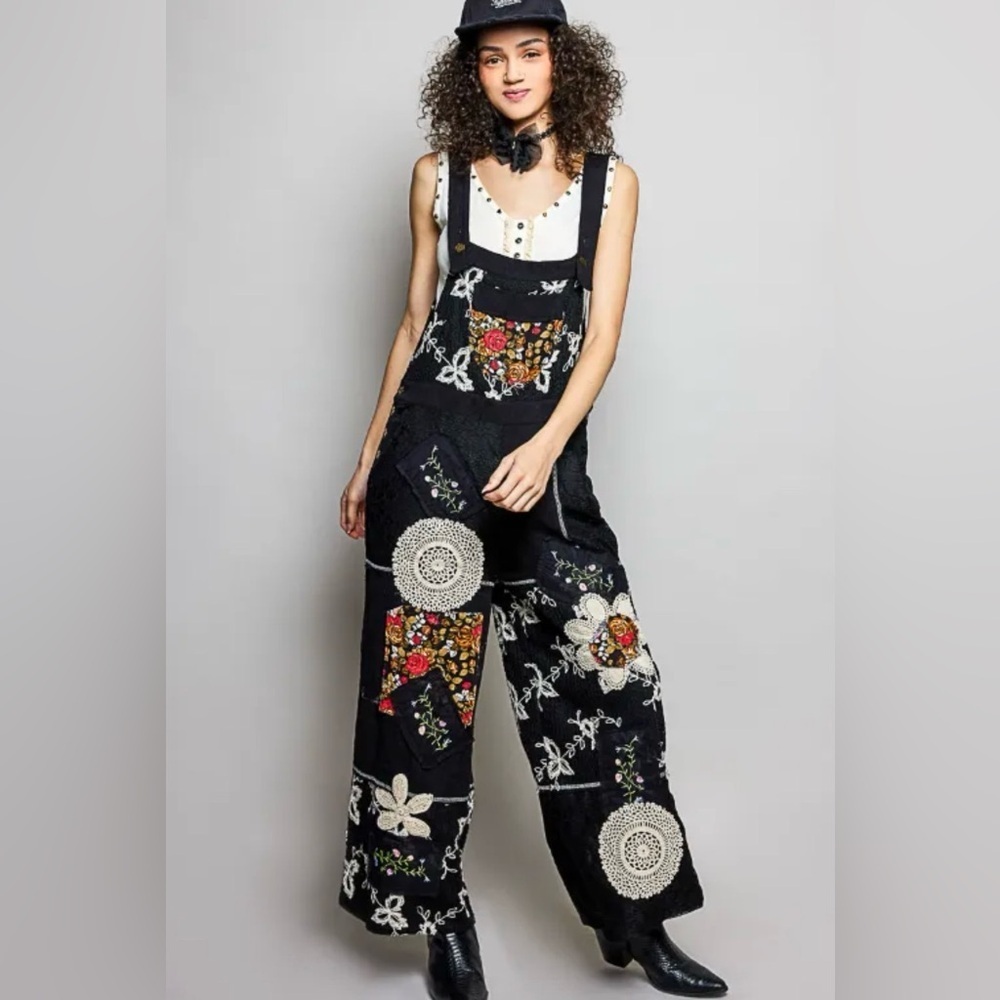 POL Patchwork Midnight Garden Overall Wide-Leg